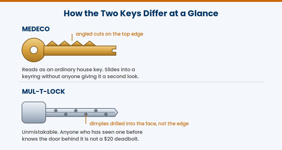 Medeco angled-cut key next to a Mul-T-Lock dimpled key — profile differences explained