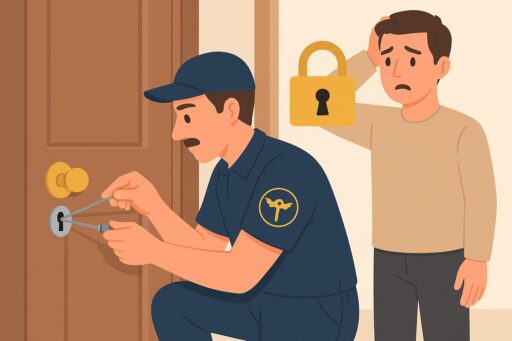 professional locksmith with logo opening door.